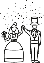 Zeichenfiguren in Brautkleid und Anzug mit Konfetti darüber