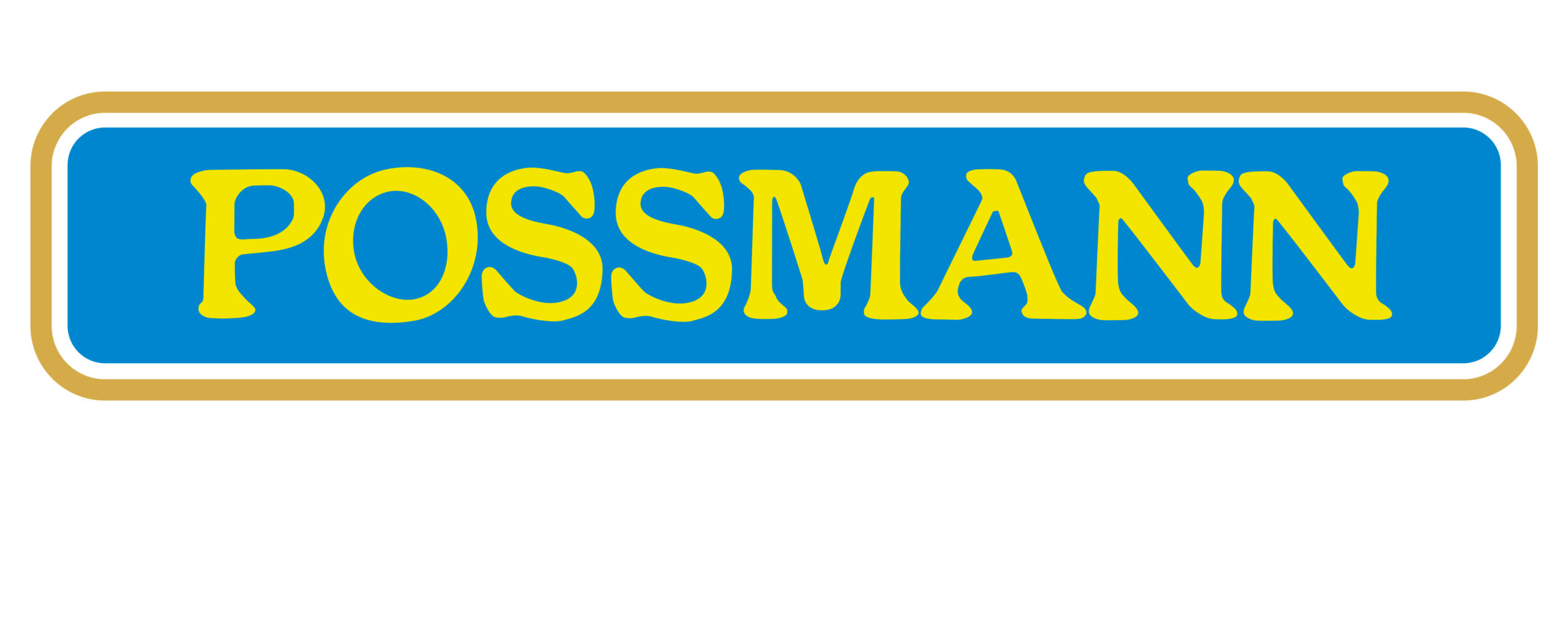 Logo der Kelterei Possmann. Der gelbe Possmann-Schriftzug erscheint auf blauem Grund.