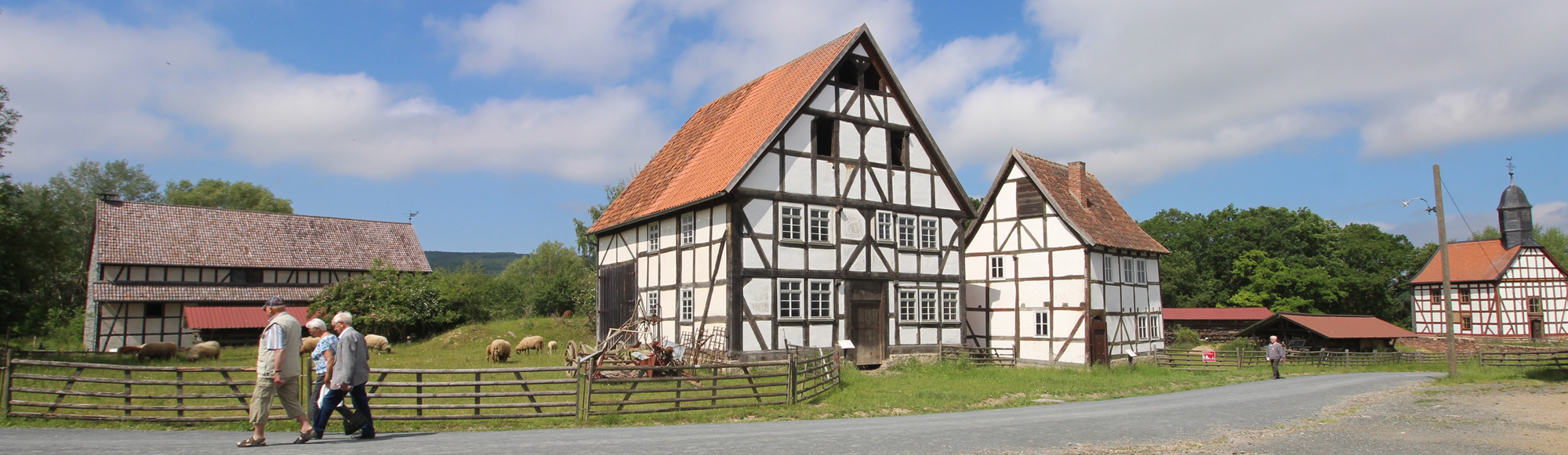 Größeres Fachwerkhaus mir integrierter Scheune. Links daneben weiden Schafe. Auf dem Schotterweg vor dem Haus laufen Museumsbesucher entlang.